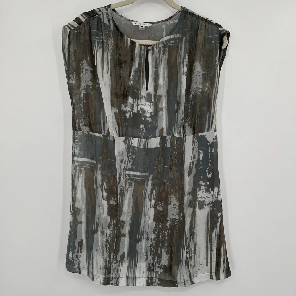 Cabi Shift Dress Womens Medium Gray Brown Abstract Print Keyhole Neck Sleeveless